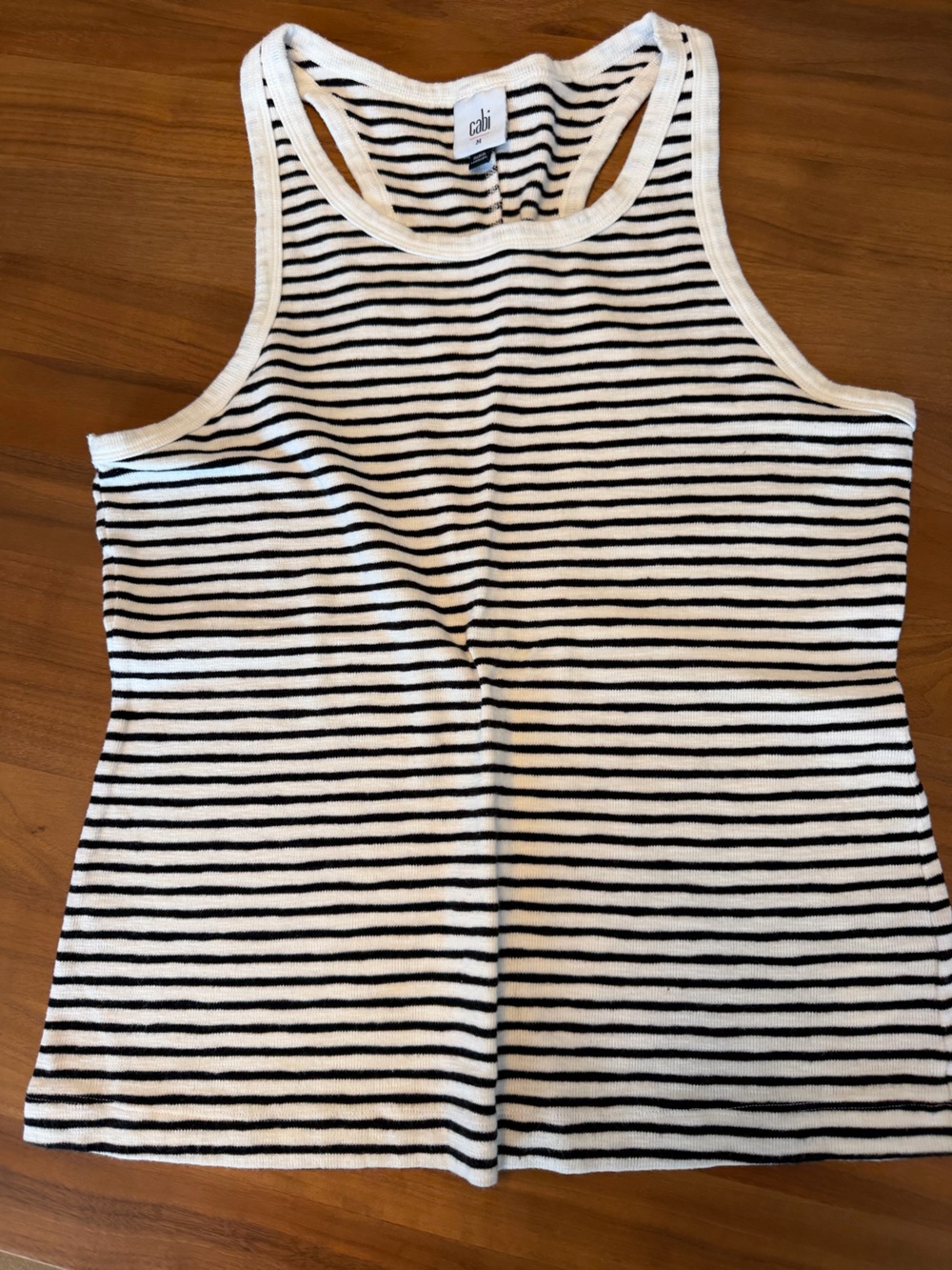 Cabi Striped Racerback Tank - Black & White. Size M. Back seam detail. EUC.